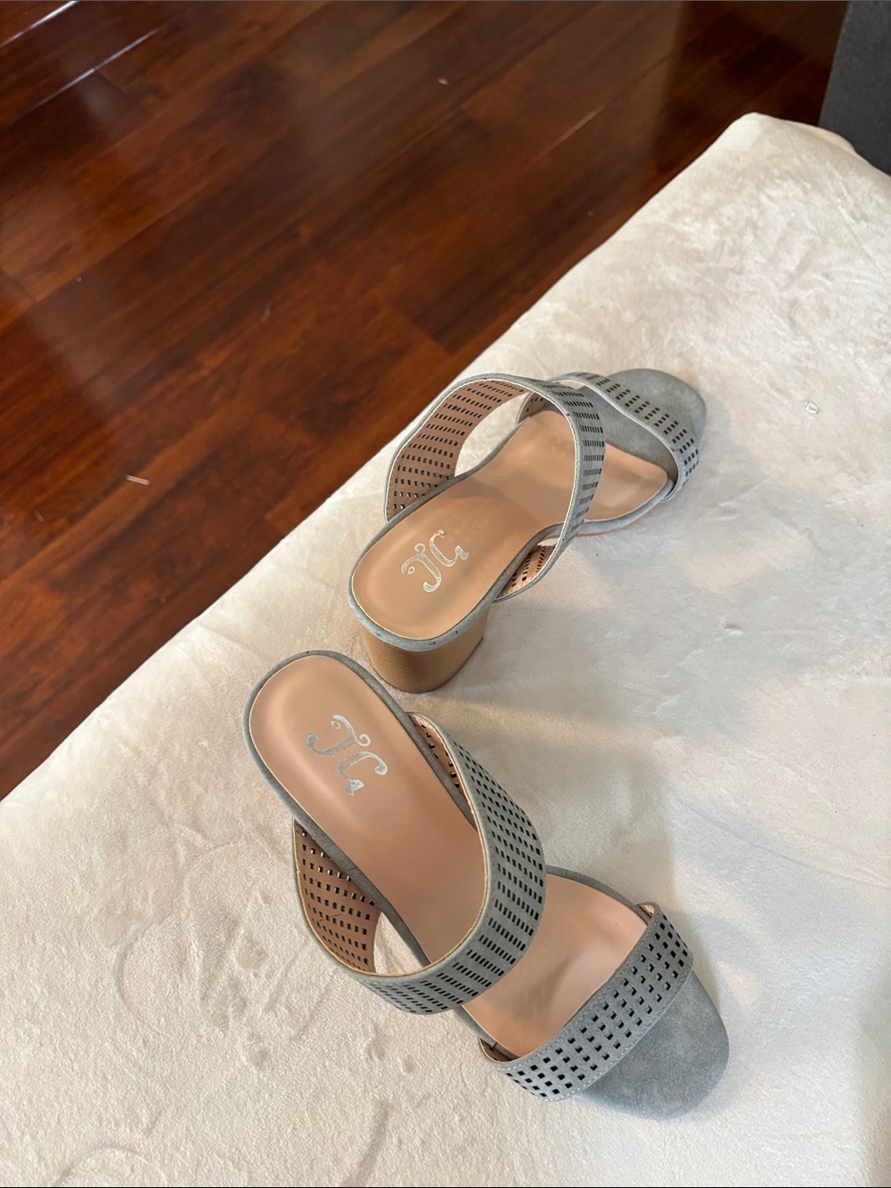 Women's Grey Perforated Block Heel Sandals